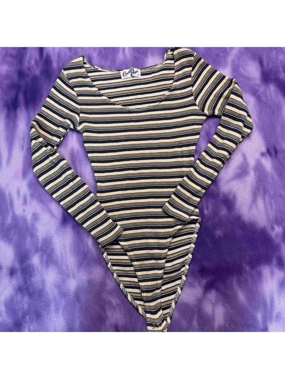 Vintage 90s blue and cream variated stripe long sleeve bodysuit